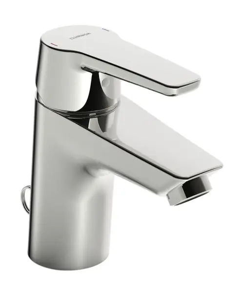 Einhebelmischer in Chrom von HANSA mit flachem Hebel und runder Auslauföffnung. Eignet sich für Waschtische und verhindert Wasseransammlungen.